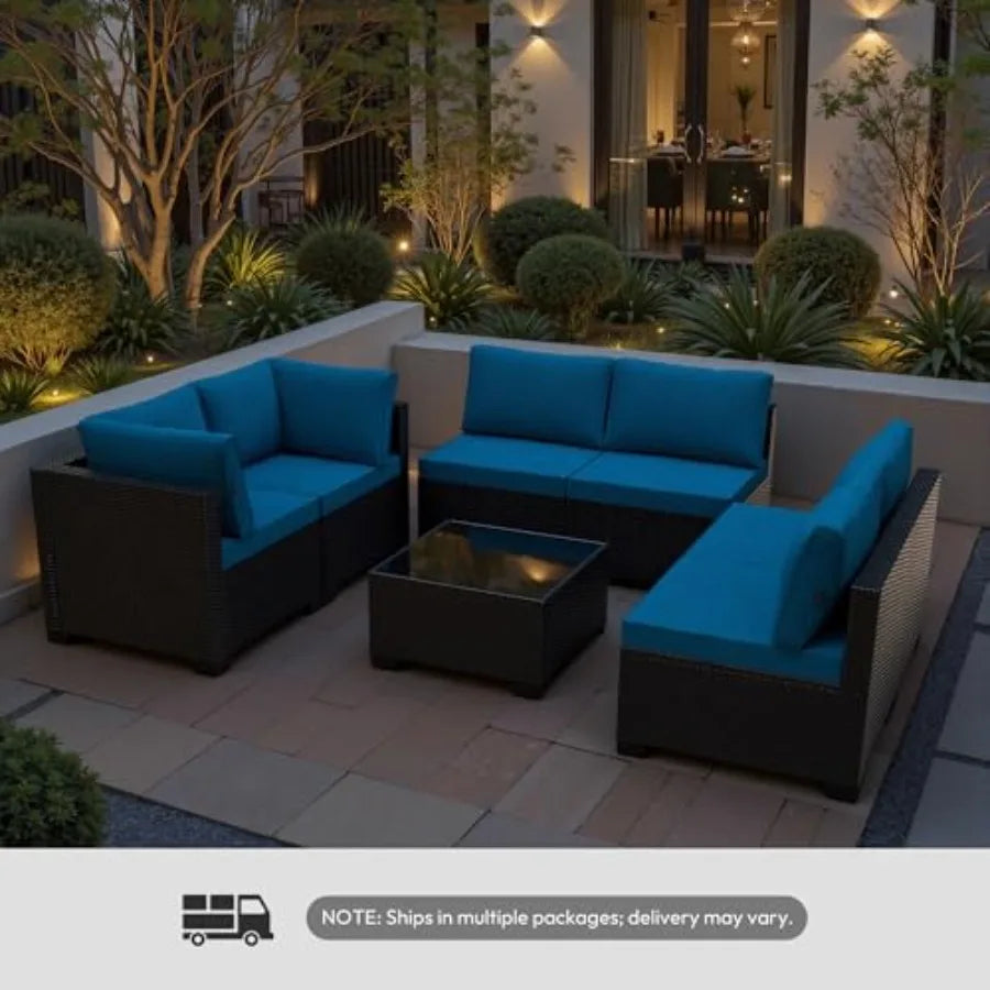 Patio Furniture Set 7 Piece - All-Weather Wicker Rattan Outdoor Conversation Set in Black/Peacock Blue for Backyard Garden Pool