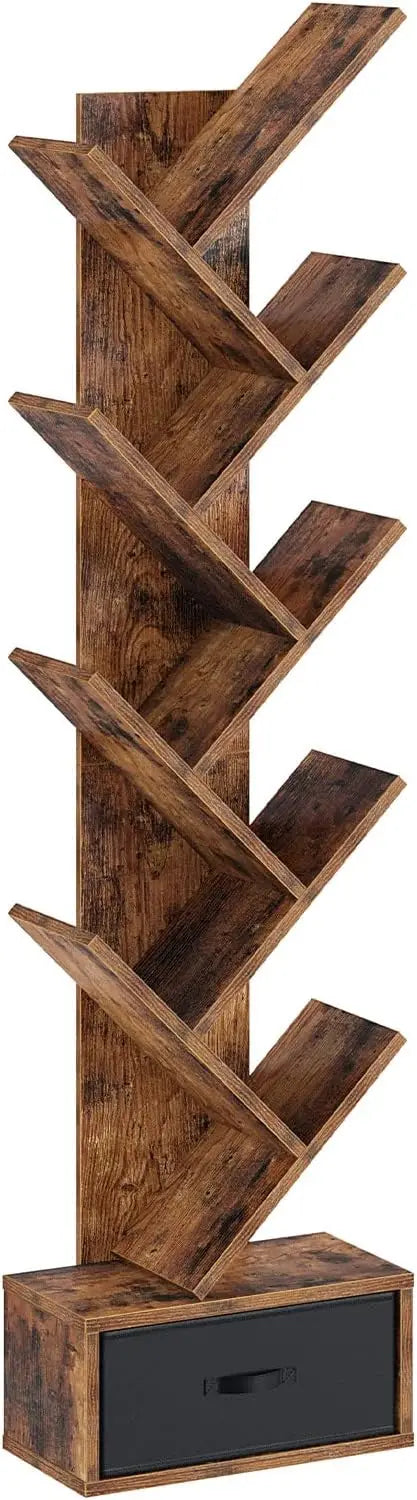Rolanstar 7 Tier Tree Bookshelf Drawer Storage Rack Tall Narrow Standing Bookcase for CDs Movies Books Living Room Rustic Brown