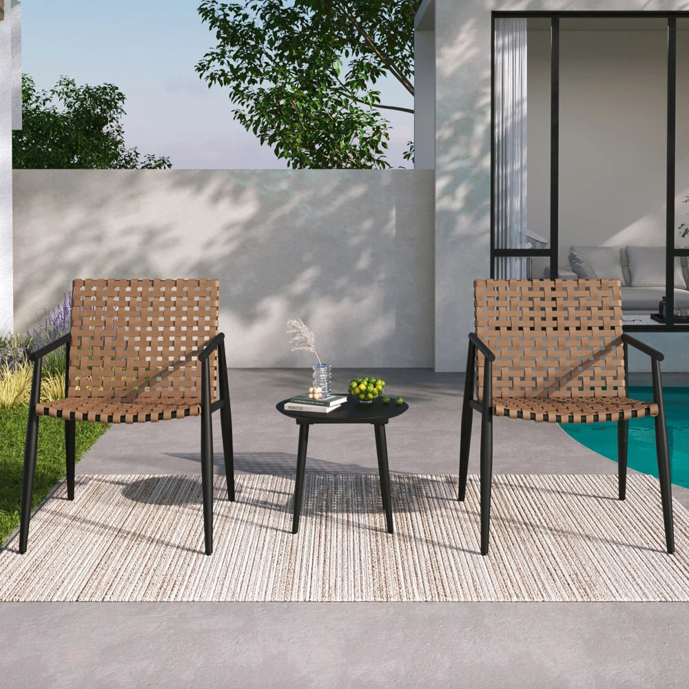 PE Rattan Outdoor Chat Set 2 Chairs, Black Steel & Glass Side Table, Modern Durable Patio Furniture for Garden Balcony Yard