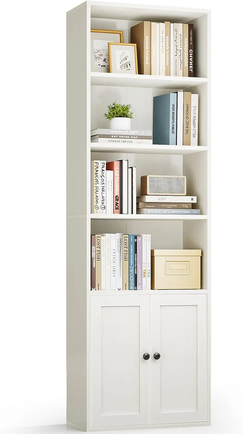2. Casaottima Black 6-Tier Bookcase with Doors, Floor Standing Display Shelves, Tall Storage Bookhelf for Home Office