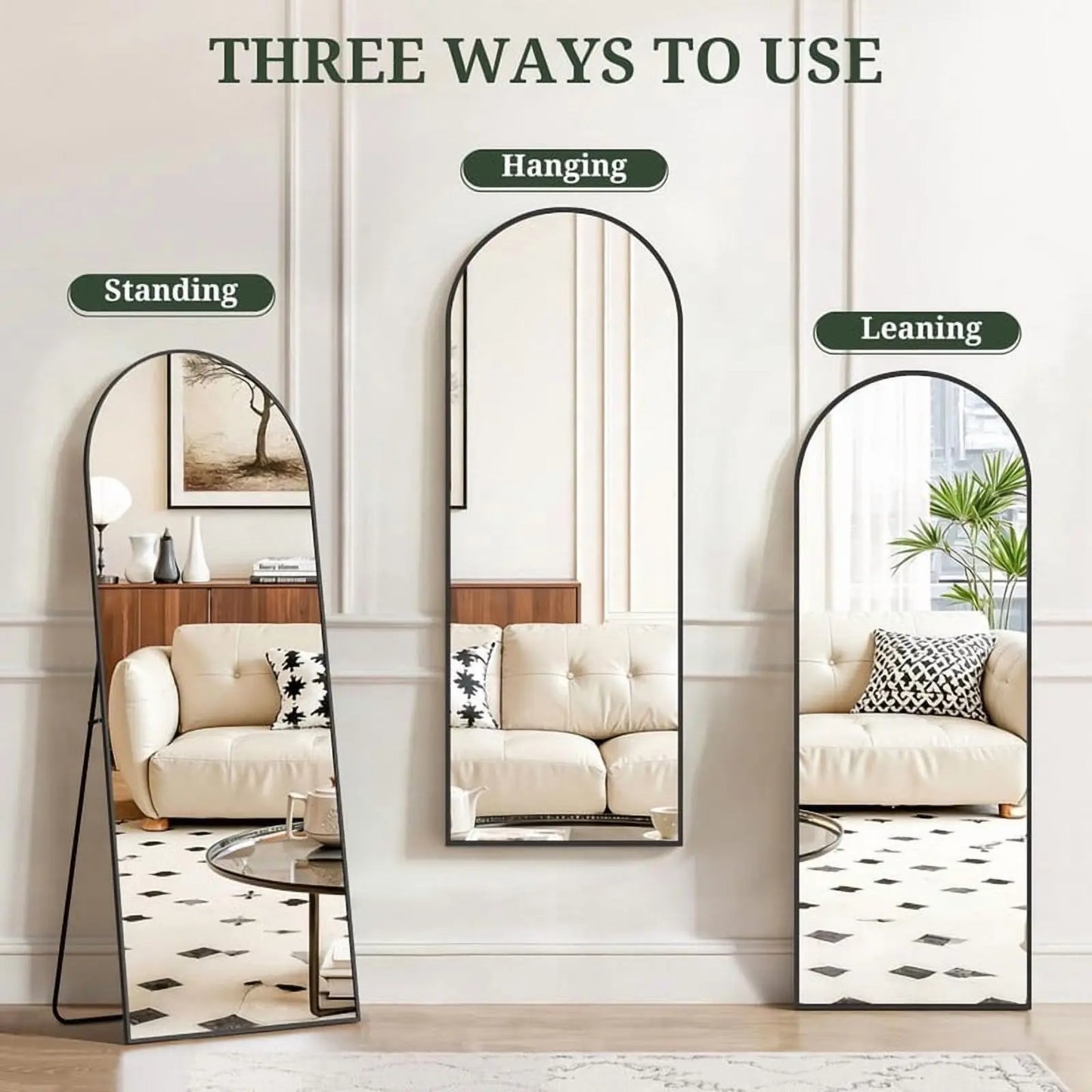 Arched full-length floor mirror 59 inches by 16 inches freestanding full-body reflective surface black