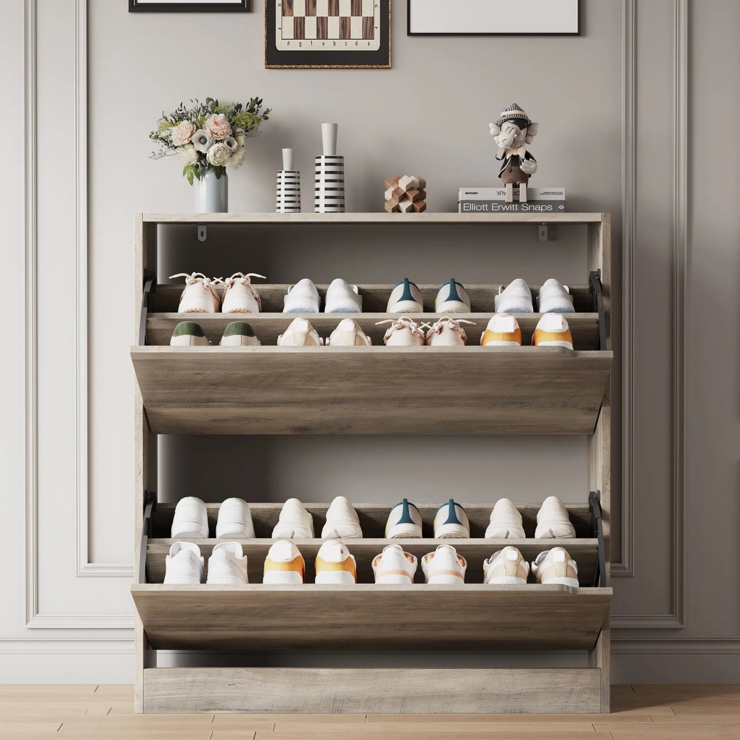Shoe Cabinet with 2 Flip Drawers, Shoe Storage Cabinet for Entryway, Free Standing Shoe Storage Organizer for Hallway