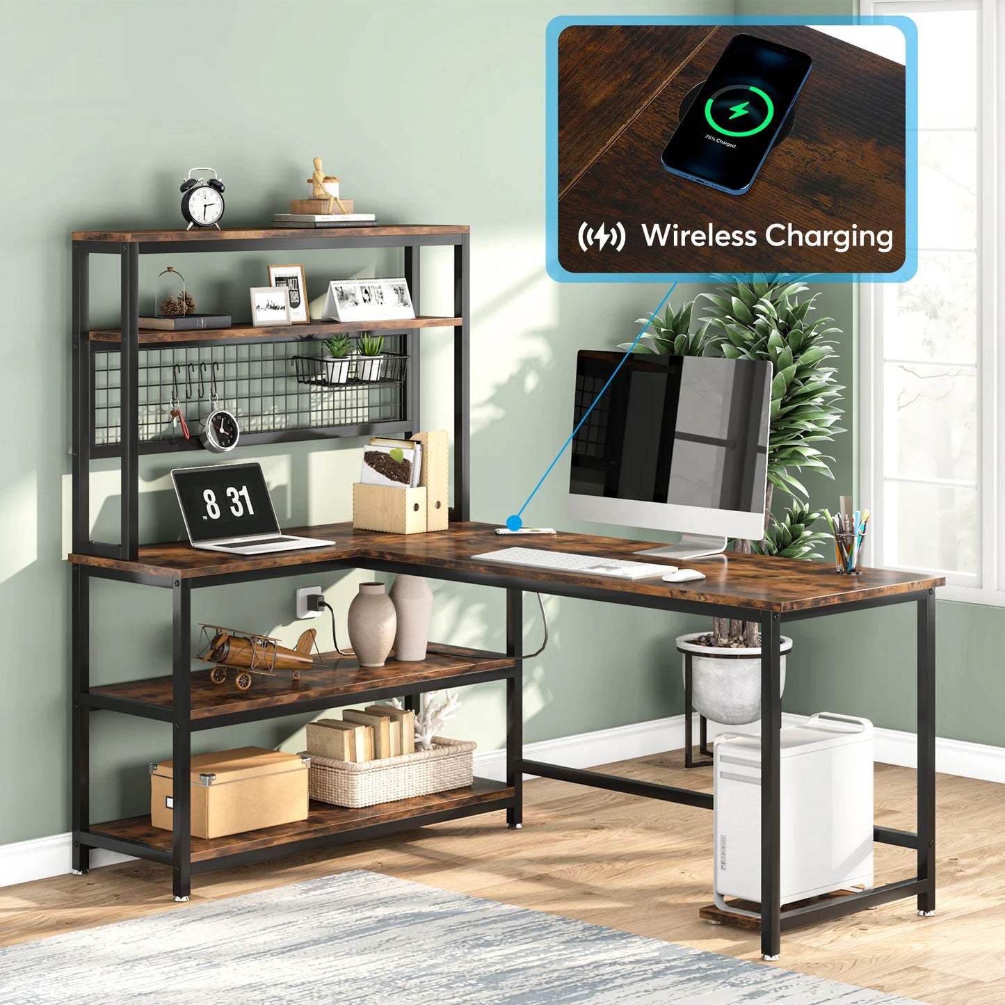 LITTLE TREE 55" Large Computer Desk with Wireless Charging 5 Storage Shelves, Office Desk Study Table Writing Desk Workstation