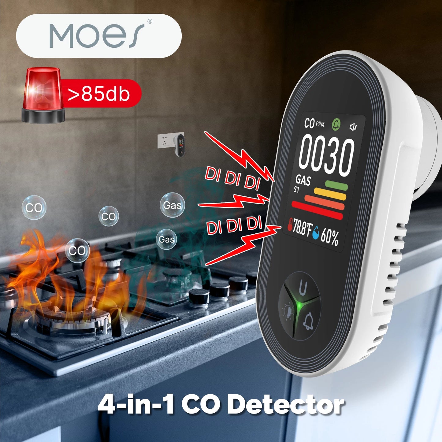 MOES 4-in-1 Carbon Monoxide Conbustible Gas Detector Built-in Monitor Alarm Plug-in Display with Humidity Temperature Sensor CO
