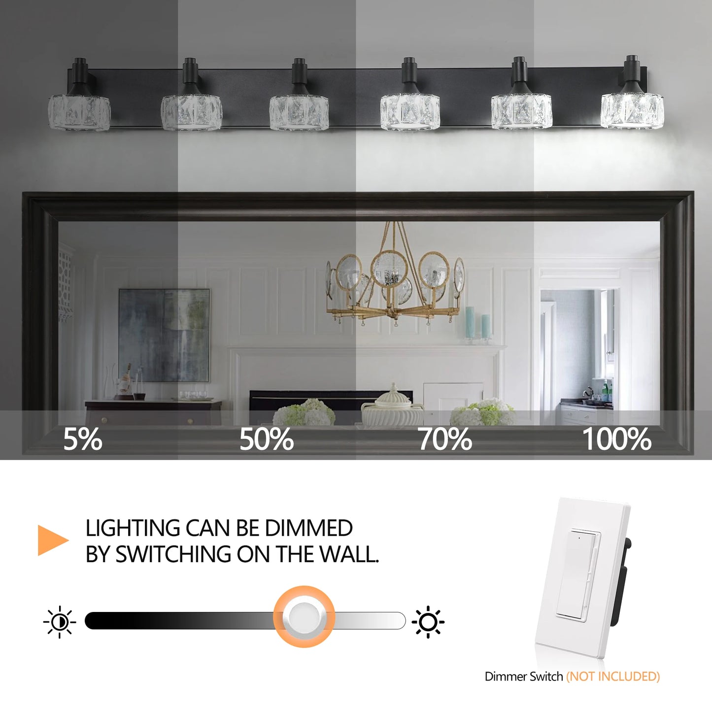 LED Vanity Light Modern 6-Light Matte Black Fixture with Crystal Glass Shades, Bathroom Wall Sconce for  Contemporary Home Decor