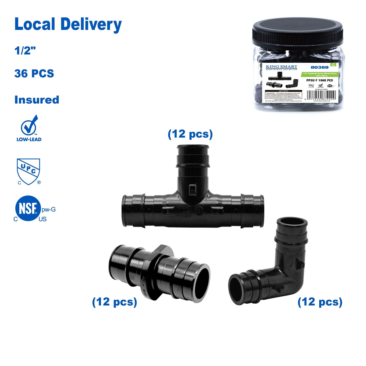 KING SMART F1960 PEX Kit 1/2" Tee (12Pcs), 1/2" Coupling (12Pcs), 1/2" Elbow (12Pcs);  PPSU; 36 Pcs/Case; 80369