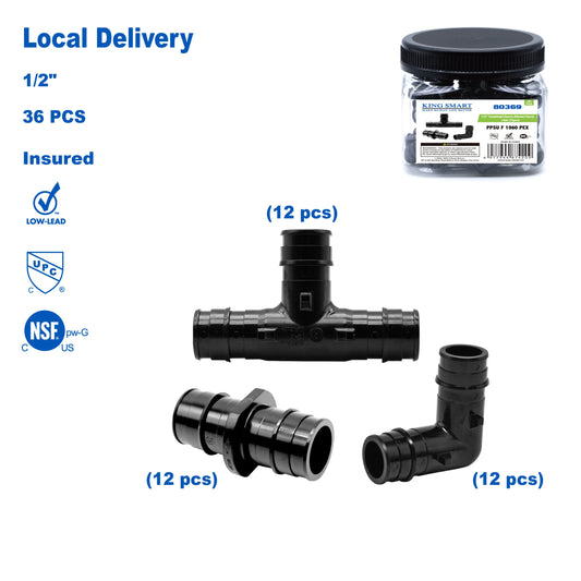 KING SMART F1960 PEX Kit 1/2" Tee (12Pcs), 1/2" Coupling (12Pcs), 1/2" Elbow (12Pcs);  PPSU; 36 Pcs/Case; 80369