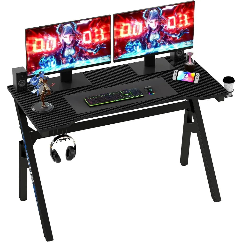 BestOffice Gaming Desk Computer Desk 47 Inch Home Office Extra Large Modern Ergonomic Black PC Carbon Fiber Gamer Workstation