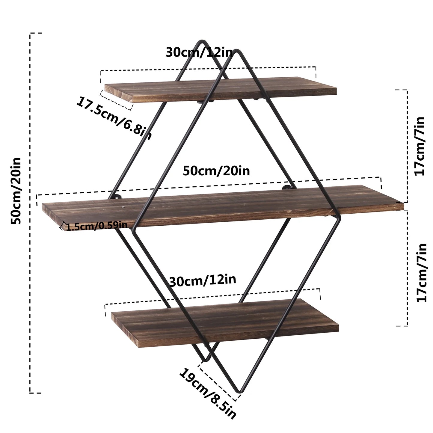 3 Tier Industrial Geometry Wood Floating Shelf Heavy Duty Hanging Wall Mounted Unit