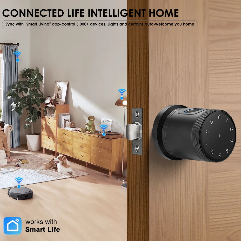 YFK Tuya Smart Life Door Lock CNC anodized aluminum body Knob 5-in-1 Fingerprint Password IC Card APP Bluetooth Unlock Keyless Entry Smart Life Home Security Deadbolt