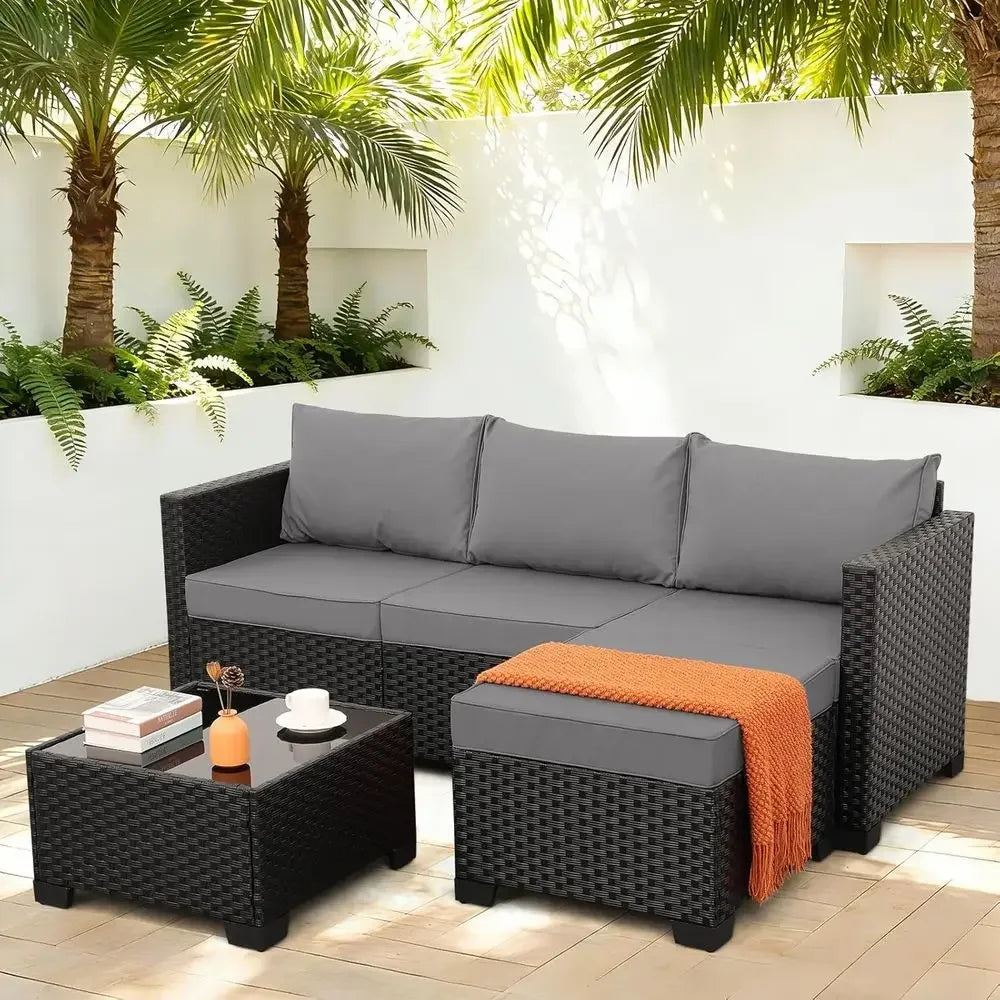 Light Grey 3-Piece Outdoor Sectional Patio Furniture with Ottoman and Glass Table, Weather-Resistant Cushions and Covers