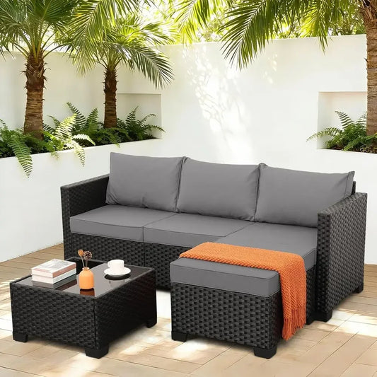 Light Grey 3-Piece Outdoor Sectional Patio Furniture with Ottoman and Glass Table, Weather-Resistant Cushions and Covers
