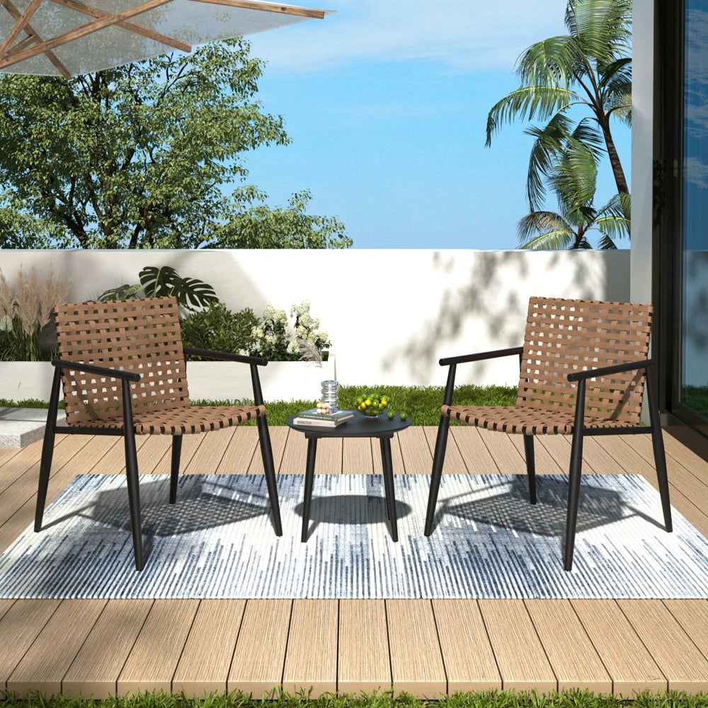 PE Rattan Outdoor Chat Set 2 Chairs, Black Steel & Glass Side Table, Modern Durable Patio Furniture for Garden Balcony Yard