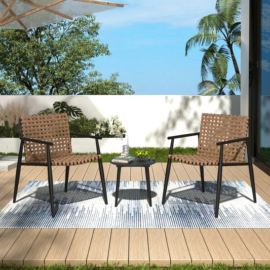 PE Rattan Outdoor Chat Set 2 Chairs, Black Steel & Glass Side Table, Modern Durable Patio Furniture for Garden Balcony Yard