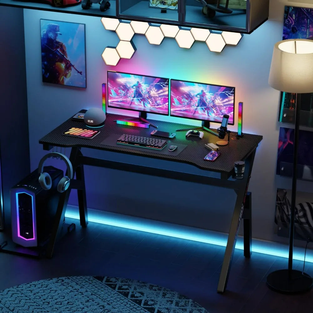 BestOffice Gaming Desk Computer Desk 47 Inch Home Office Extra Large Modern Ergonomic Black PC Carbon Fiber Gamer Workstation