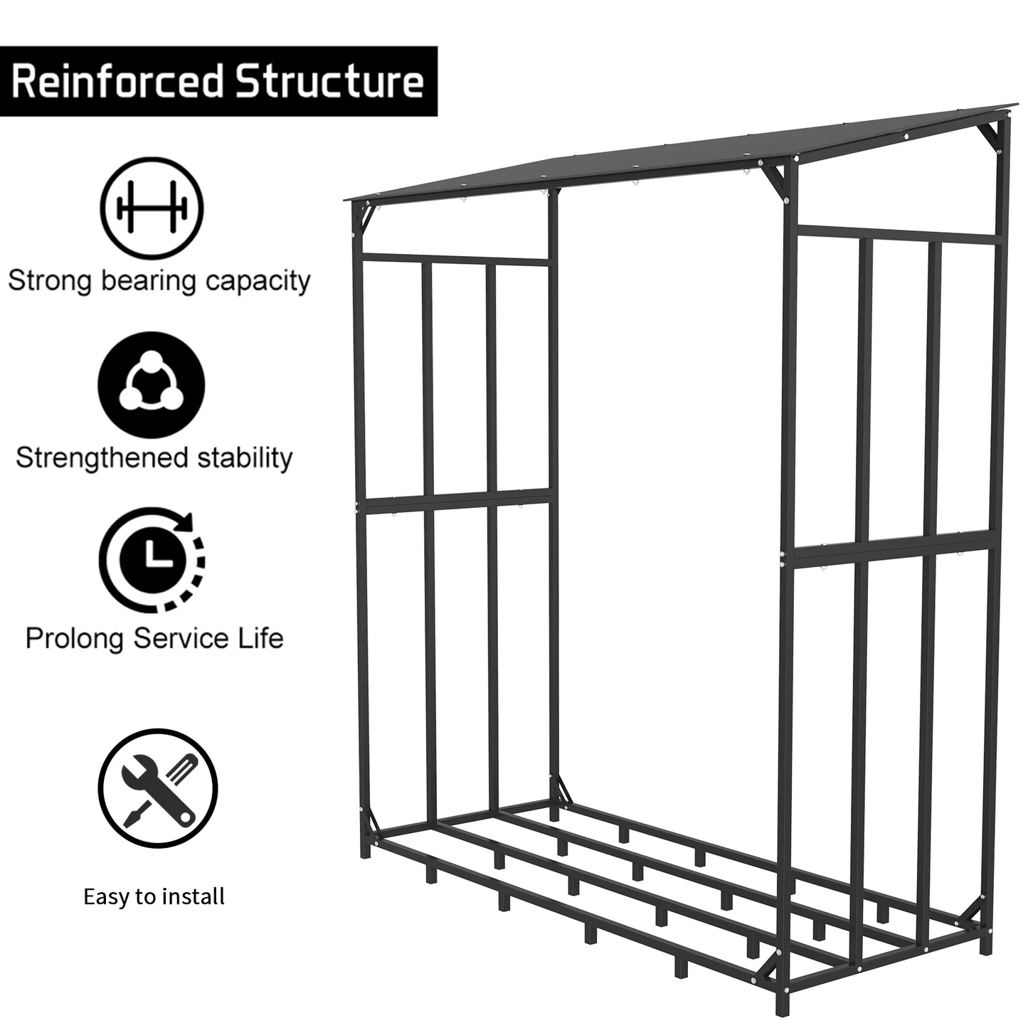 Heavy Duty Tall Metal Firewood Rack Stand with Top Cover Fireplace Wood Storage Stacking Holder for Outdoor Deck, Backyard