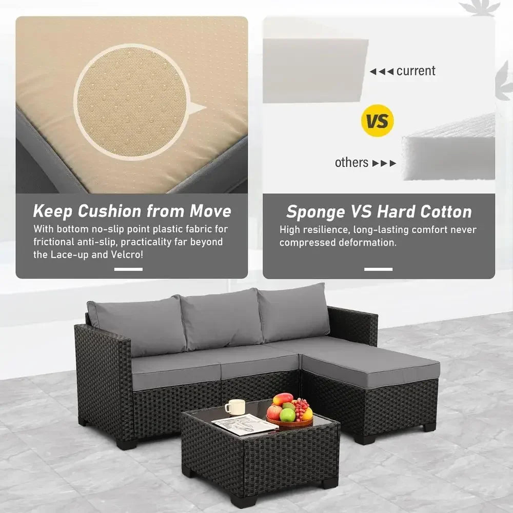 Light Grey 3-Piece Outdoor Sectional Patio Furniture with Ottoman and Glass Table, Weather-Resistant Cushions and Covers