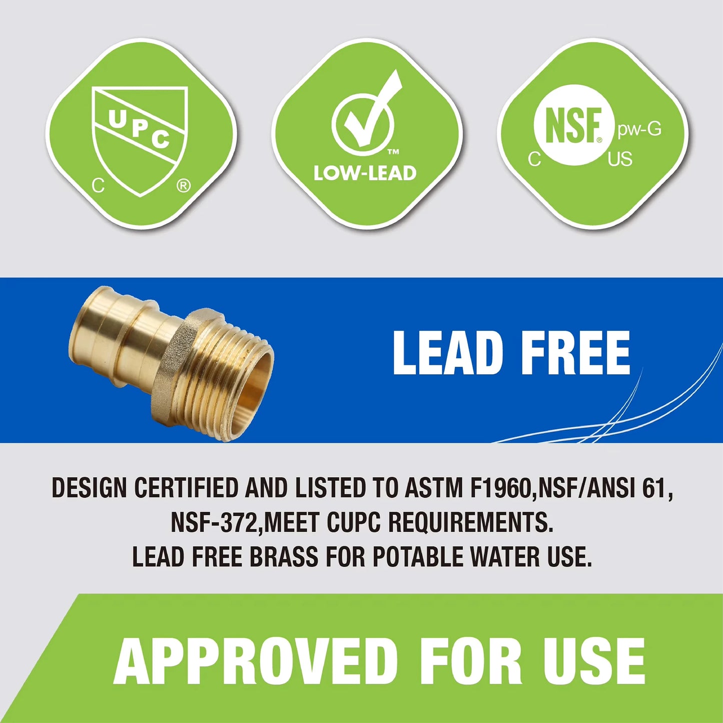 KING SMART  F1960/PEX A Expansion 1/2" * 1/2" Male NPT Straight Male Adapter; 10Pcs/Case; Lead Free Brass; 80258