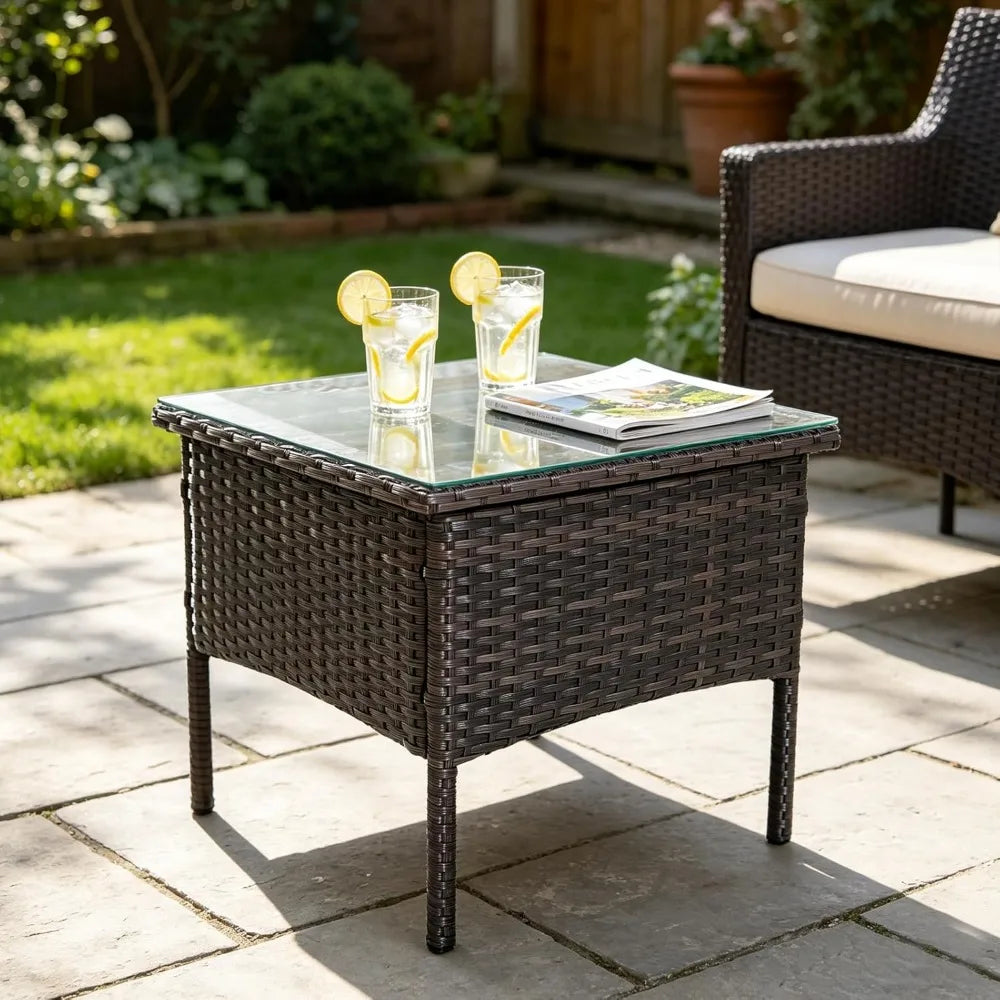 Outdoor Patio Rattan Side Table with Glass Top and Storage for Garden Balcony Porch