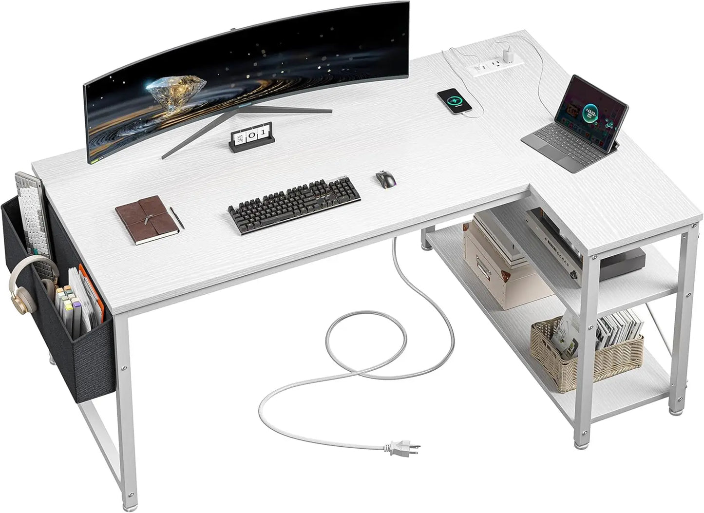 EnHomee 40" White L Shaped Corner Desk with Storage Shelves Side Bag Power Outlets Small Computer Study Writing Table Home Offic