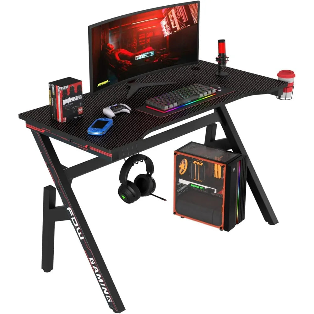 BestOffice Gaming Desk Computer Desk 47 Inch Home Office Extra Large Modern Ergonomic Black PC Carbon Fiber Gamer Workstation