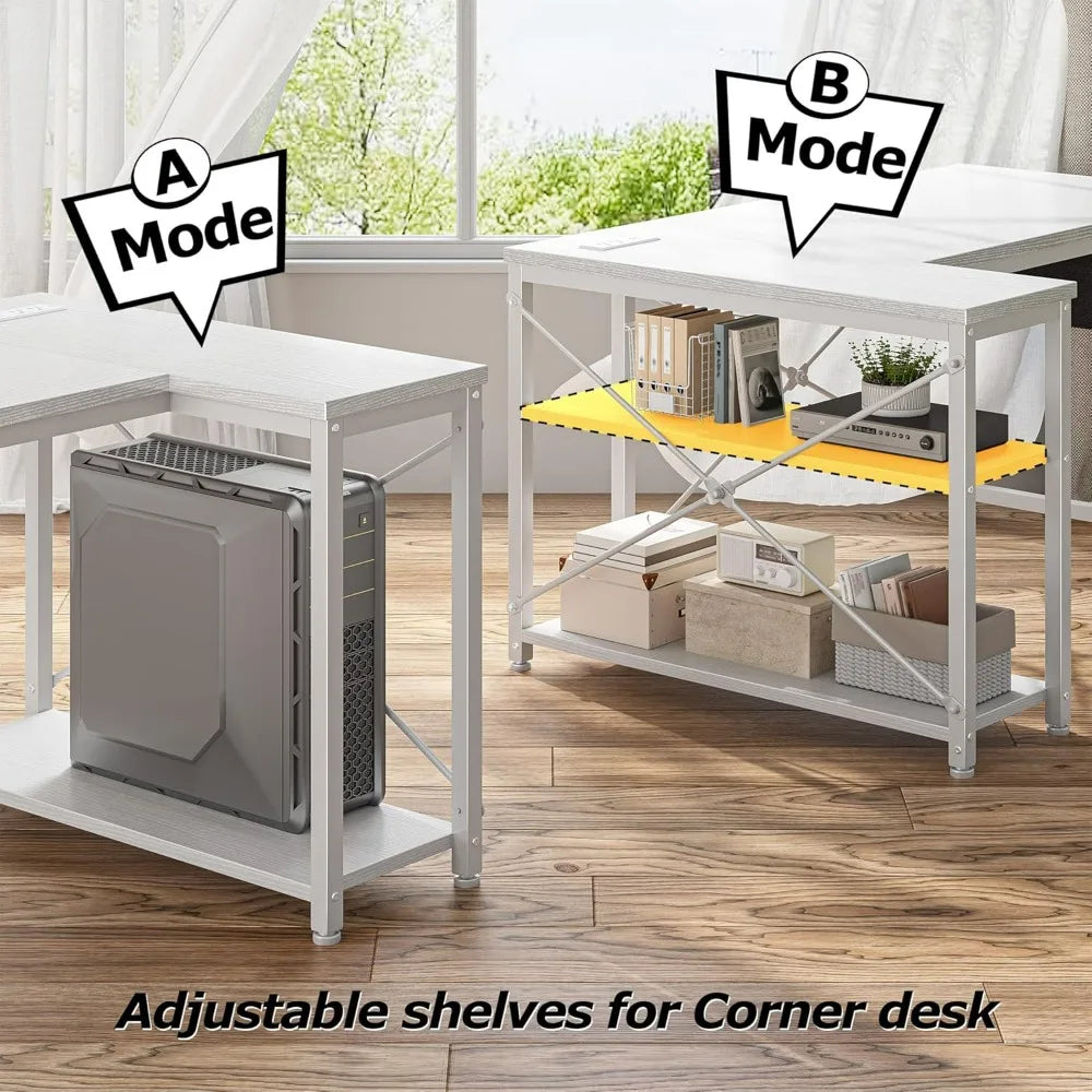 EnHomee 40" White L Shaped Corner Desk with Storage Shelves Side Bag Power Outlets Small Computer Study Writing Table Home Offic