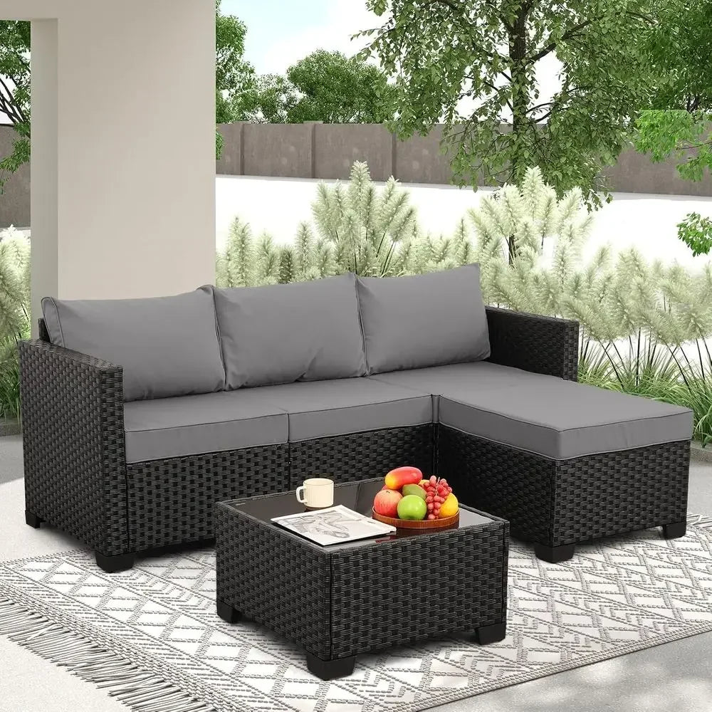 Light Grey 3-Piece Outdoor Sectional Patio Furniture with Ottoman and Glass Table, Weather-Resistant Cushions and Covers