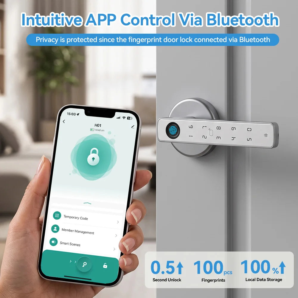 YFK Tuya Smart Life Fingerprint Door Lock Handle 5 in 1 Unlock NFC IC Card Fake PIN Temporary Code Bluetooth Keyless Entry Interior Door Lock Support Remote Unlock With Gateway