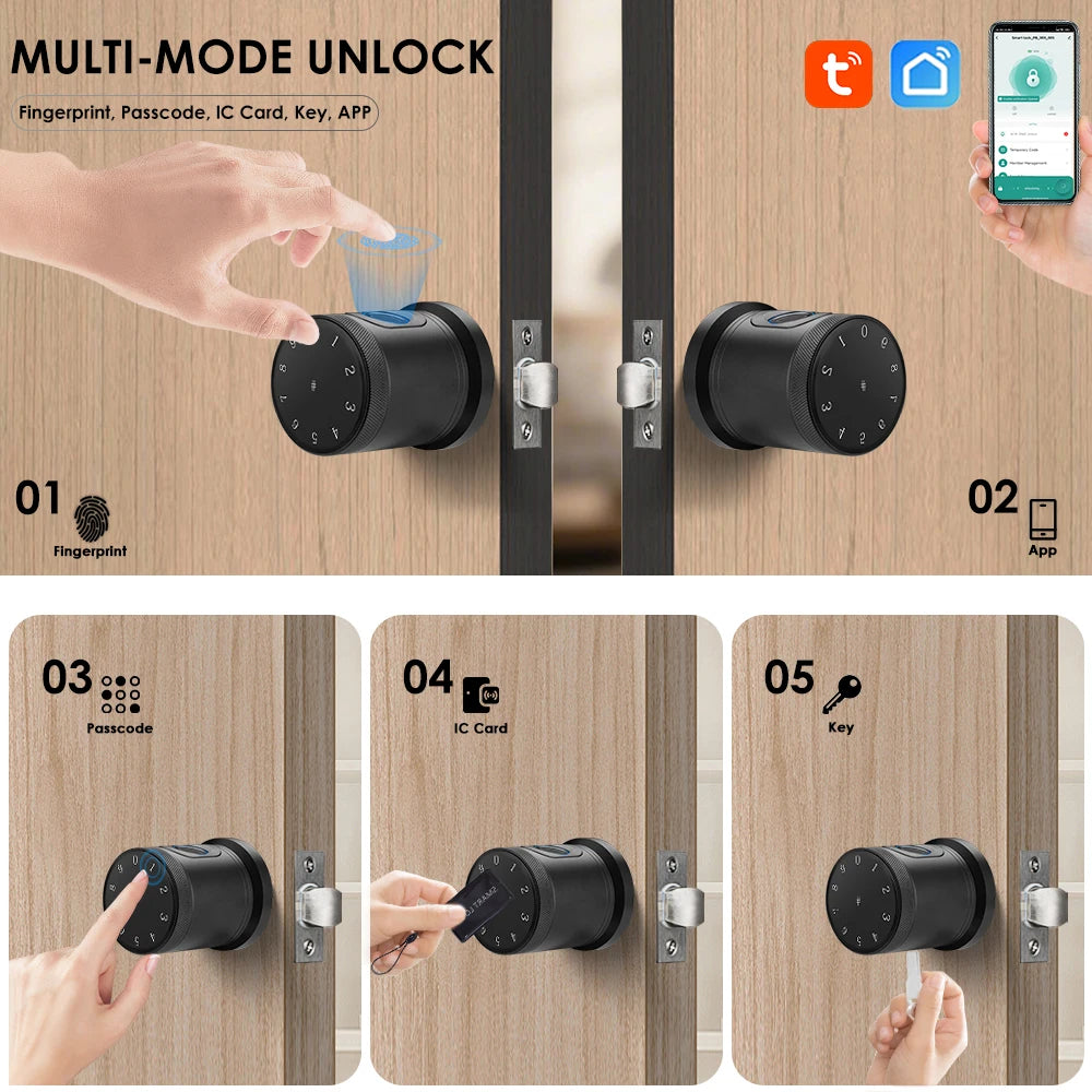 YFK Tuya Smart Life Door Lock CNC anodized aluminum body Knob 5-in-1 Fingerprint Password IC Card APP Bluetooth Unlock Keyless Entry Smart Life Home Security Deadbolt