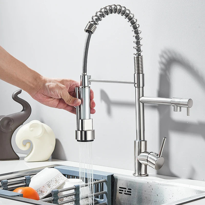 Chrome Kitchen Faucet Pull Down Kitchen Sink Crane Dual Swivel Spout Kitchen Mixer Tap Hot Cold Water Mixer Tap Deck installatio