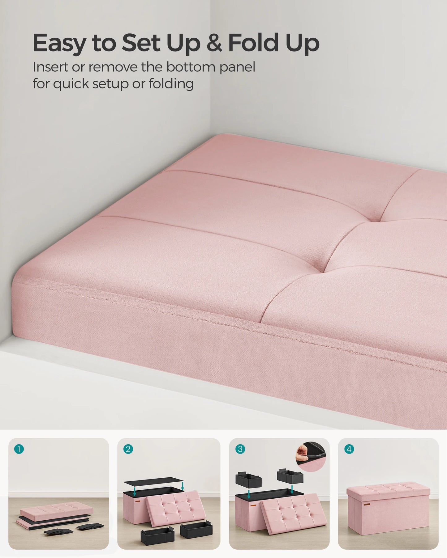 SONGMICS Mazie Collection - Storage Ottoman Bench, Foldable Foot Rest, 15 x 30 x 15 Inches, End of Bed Bench, Storage Chest,