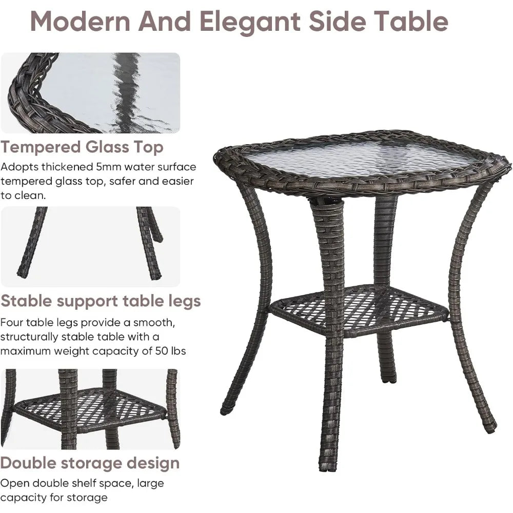 Outdoor Wicker Side Table with Tempered Glass Top and Storage, 20" Square for Deck, Garden, Backyard
