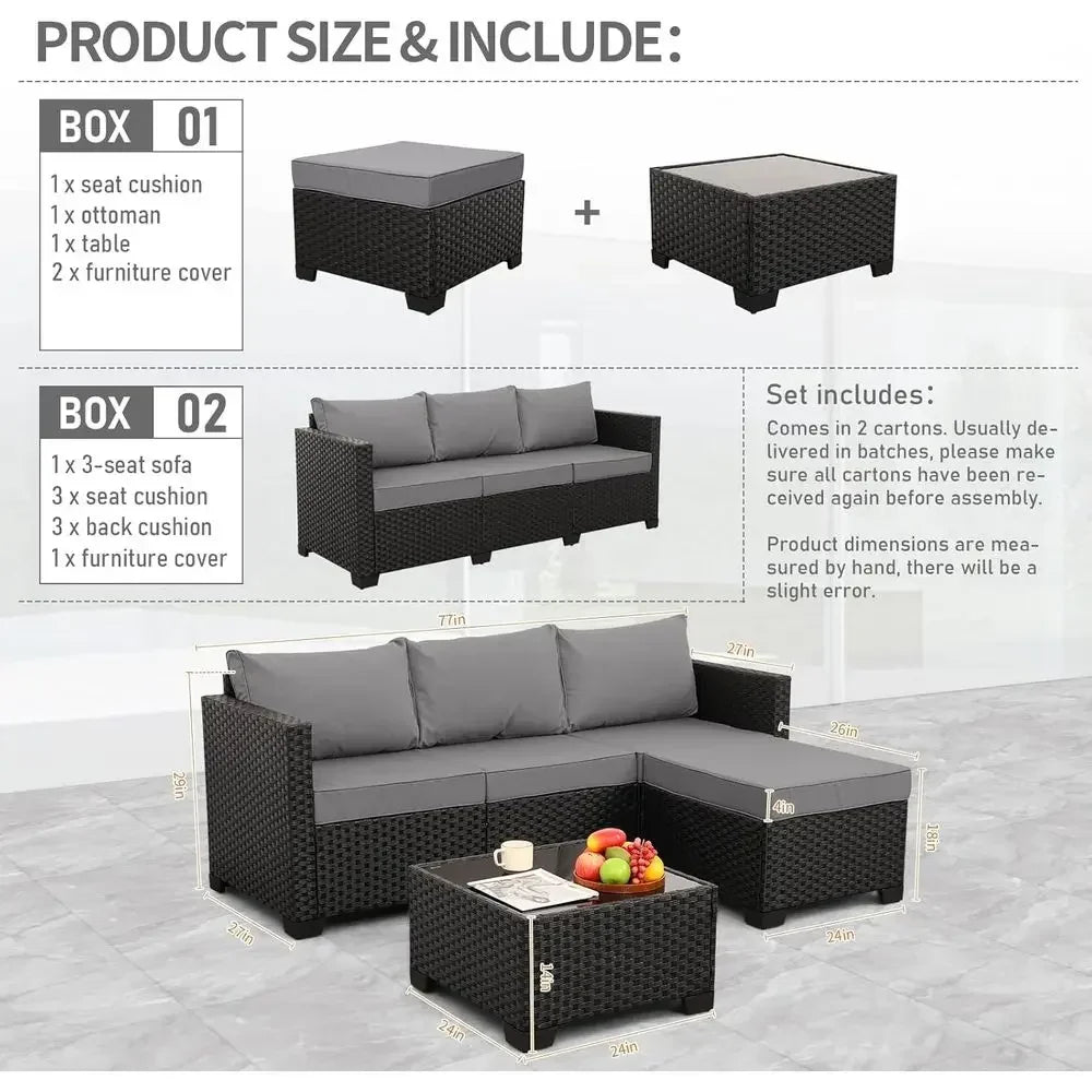 Light Grey 3-Piece Outdoor Sectional Patio Furniture with Ottoman and Glass Table, Weather-Resistant Cushions and Covers