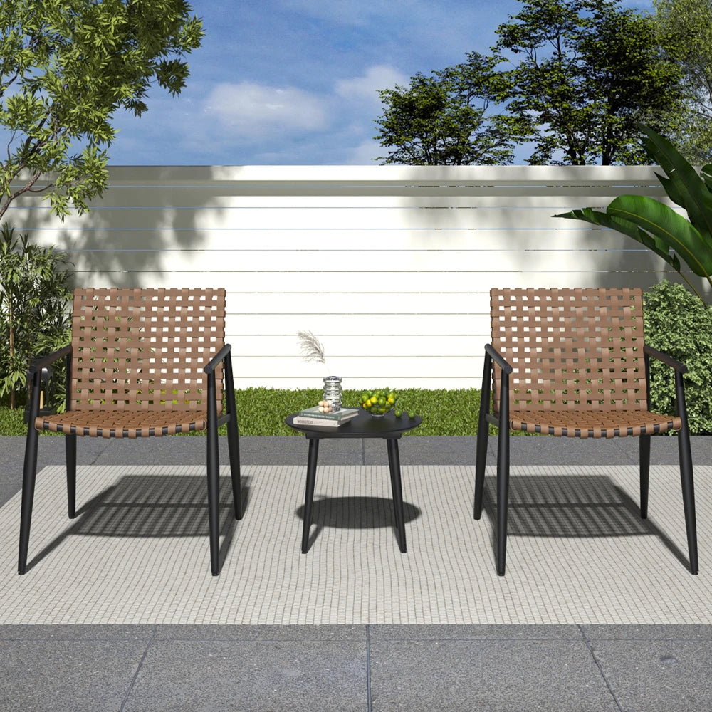 PE Rattan Outdoor Chat Set 2 Chairs, Black Steel & Glass Side Table, Modern Durable Patio Furniture for Garden Balcony Yard