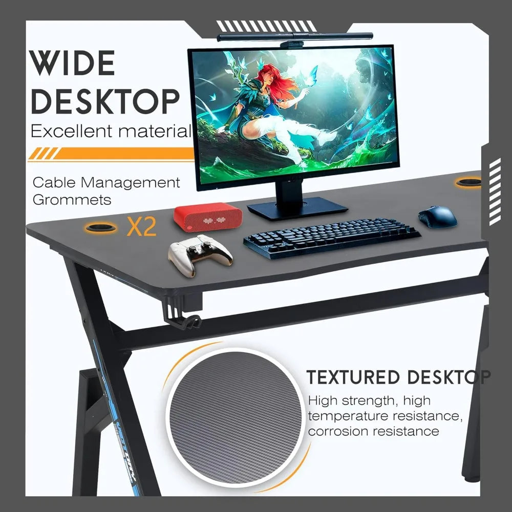 BestOffice Gaming Desk Computer Desk 47 Inch Home Office Extra Large Modern Ergonomic Black PC Carbon Fiber Gamer Workstation