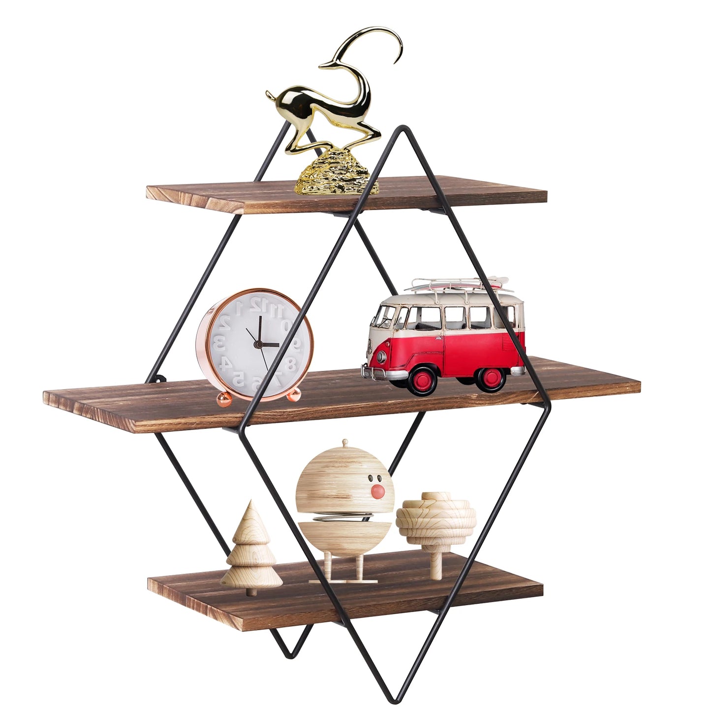 3 Tier Industrial Geometry Wood Floating Shelf Heavy Duty Hanging Wall Mounted Unit