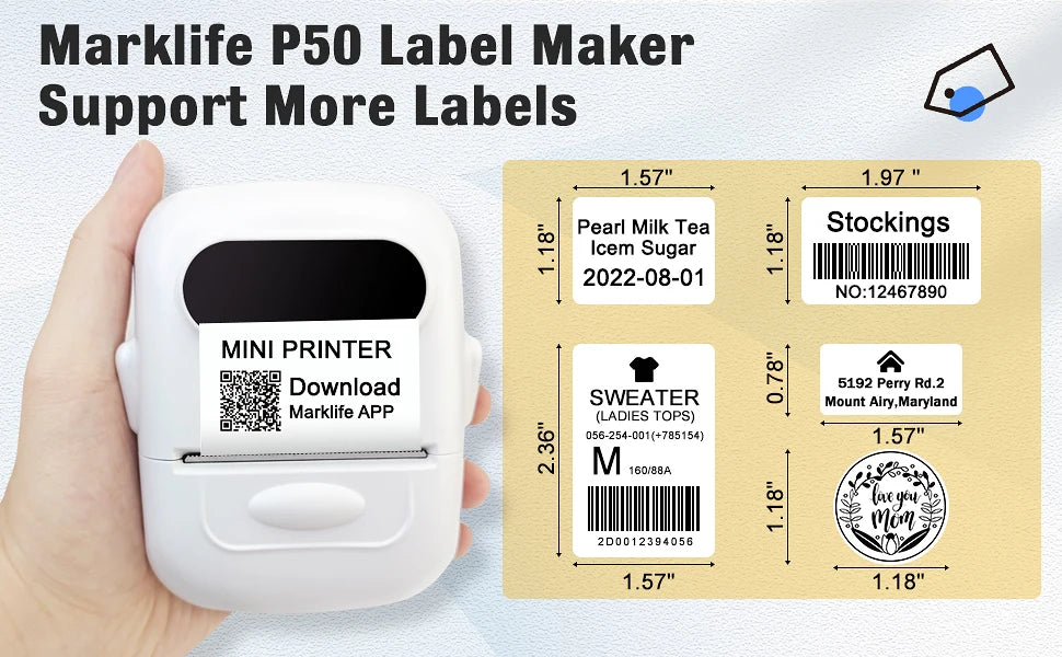 MARKLIFE P50 Mini Portable Bluetooth Thermal Label Printer for Address Clothing Jewelry Retail Barcode Office Compatible Phones