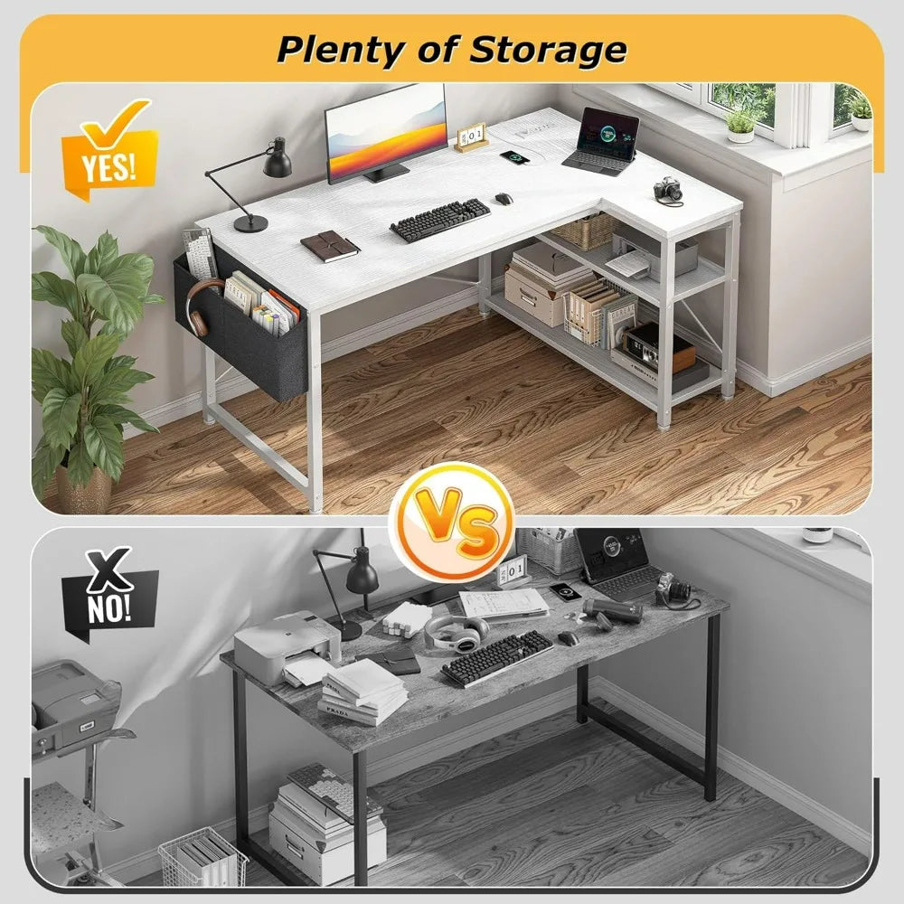 EnHomee 40" White L Shaped Corner Desk with Storage Shelves Side Bag Power Outlets Small Computer Study Writing Table Home Offic