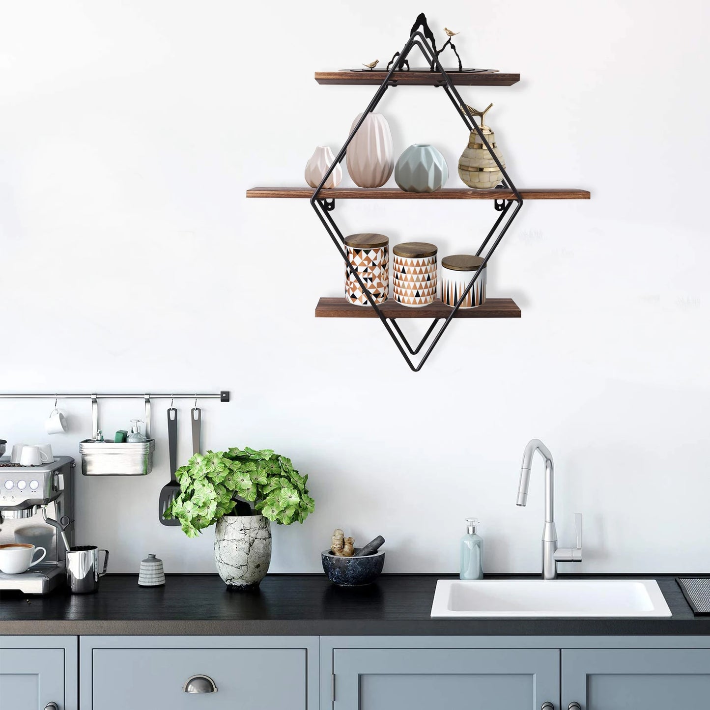 3 Tier Industrial Geometry Wood Floating Shelf Heavy Duty Hanging Wall Mounted Unit