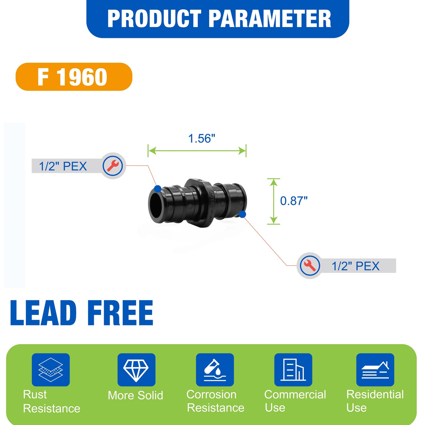 KING SMART F1960/Wisbo/PEX A Expansion PEX 1/2" * 1/2" PEX Coupling; 25Pcs/Case; PPSU; 80357