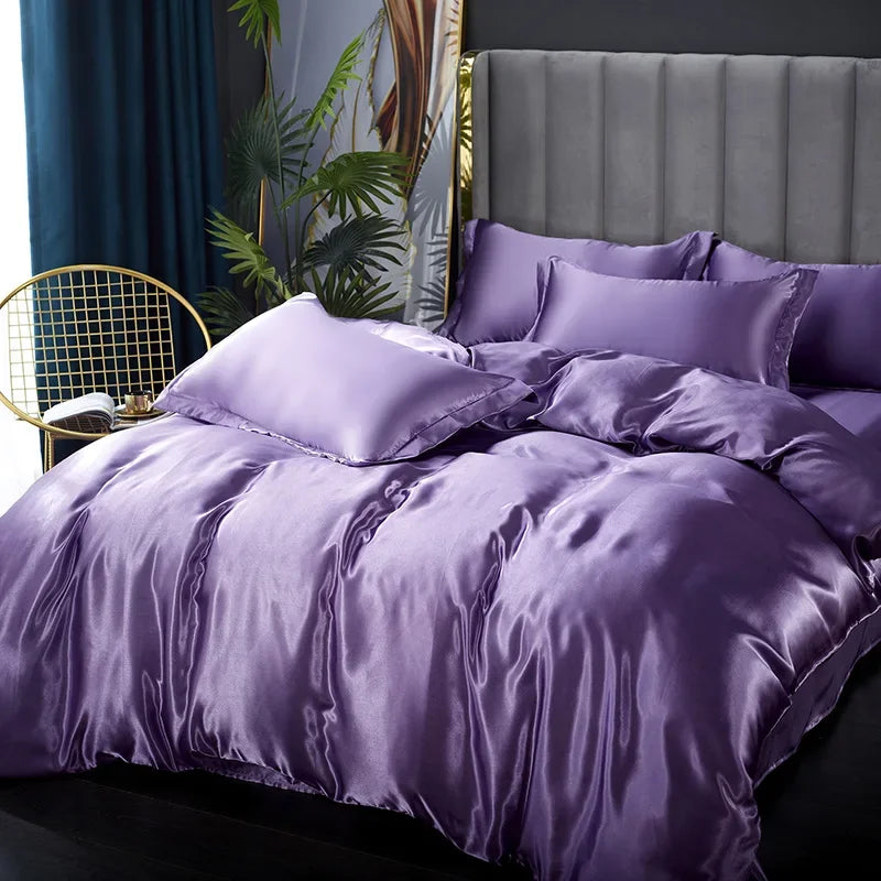 Silk Bedding Set with Duvet Cover Bed Sheet Pillowcase Luxury Satin Bedsheet Solid Color Double Single King Queen Full Twin Size