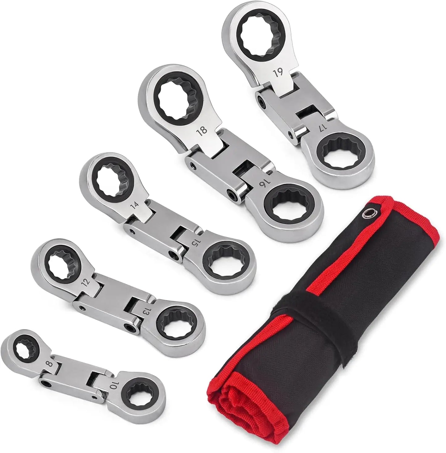 72-Tooth Flex Head Ratchet Wrench Set, Compact Double Box End Metric 8-19mm 5 Pieces for Tight Spaces