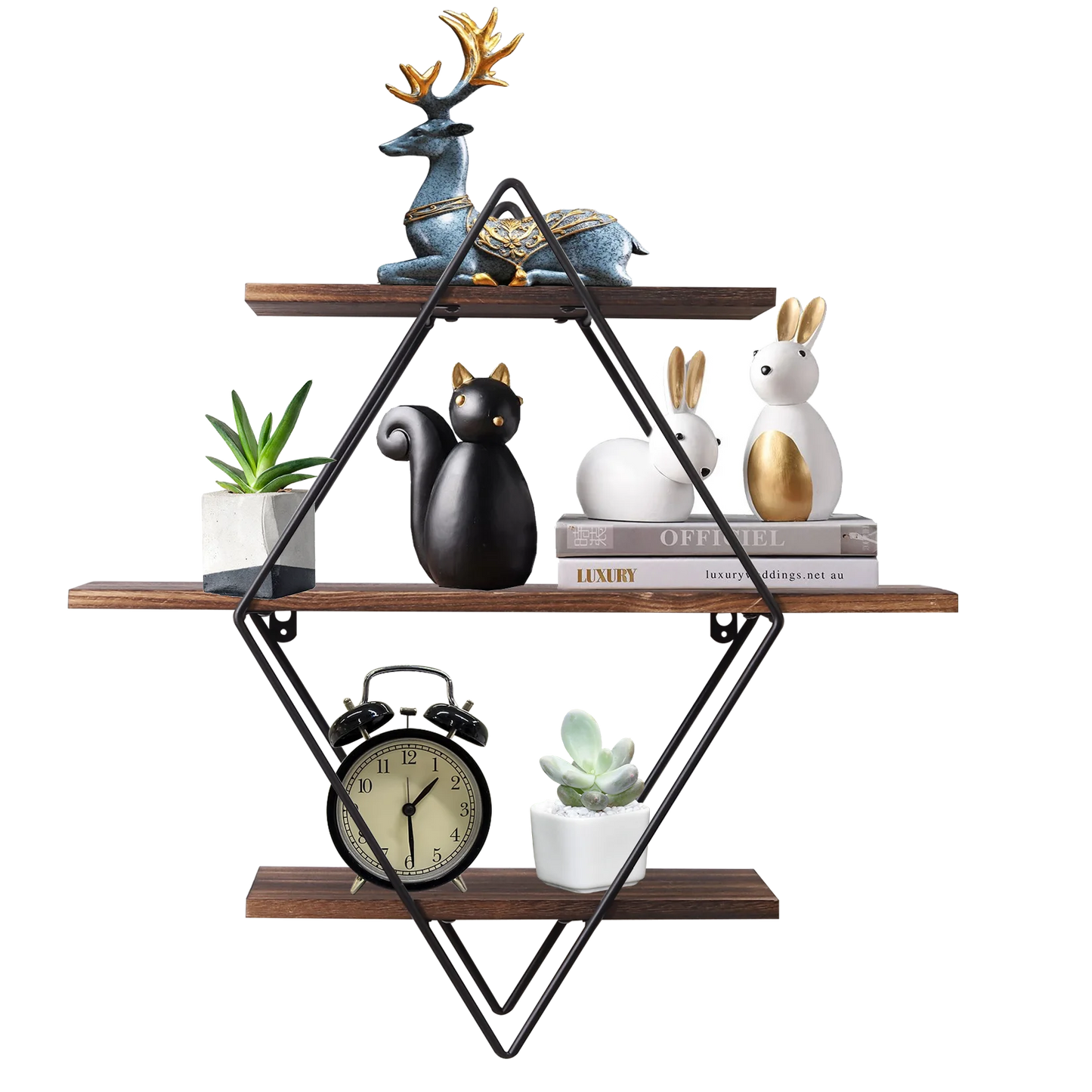 3 Tier Industrial Geometry Wood Floating Shelf Heavy Duty Hanging Wall Mounted Unit