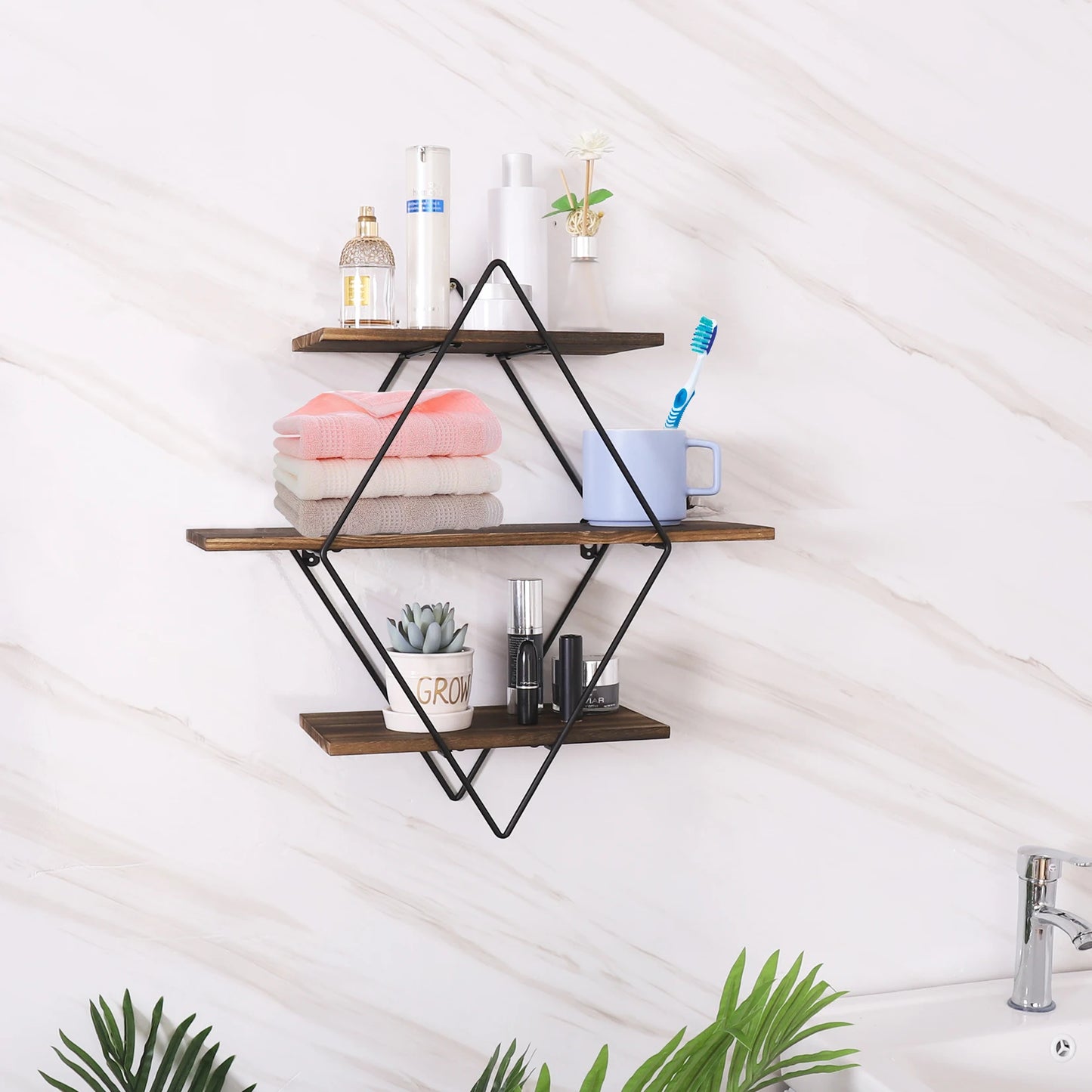 3 Tier Industrial Geometry Wood Floating Shelf Heavy Duty Hanging Wall Mounted Unit