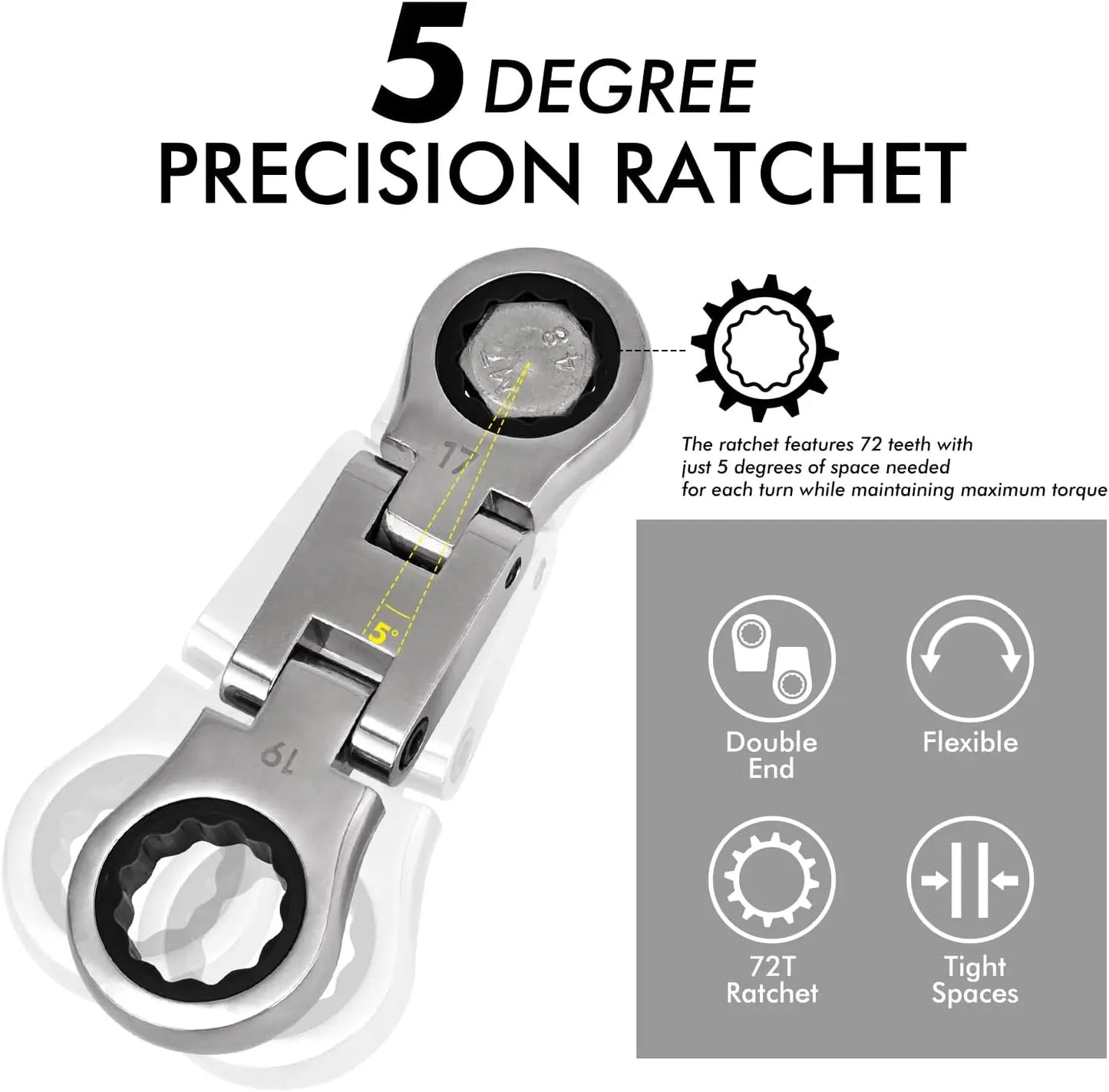72-Tooth Flex Head Ratchet Wrench Set, Compact Double Box End Metric 8-19mm 5 Pieces for Tight Spaces