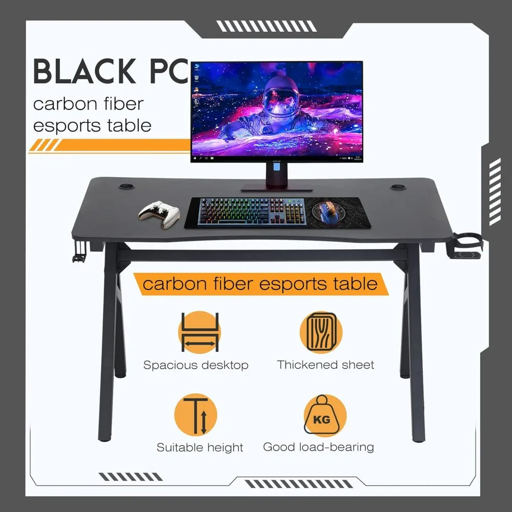BestOffice Gaming Desk Computer Desk 47 Inch Home Office Extra Large Modern Ergonomic Black PC Carbon Fiber Gamer Workstation