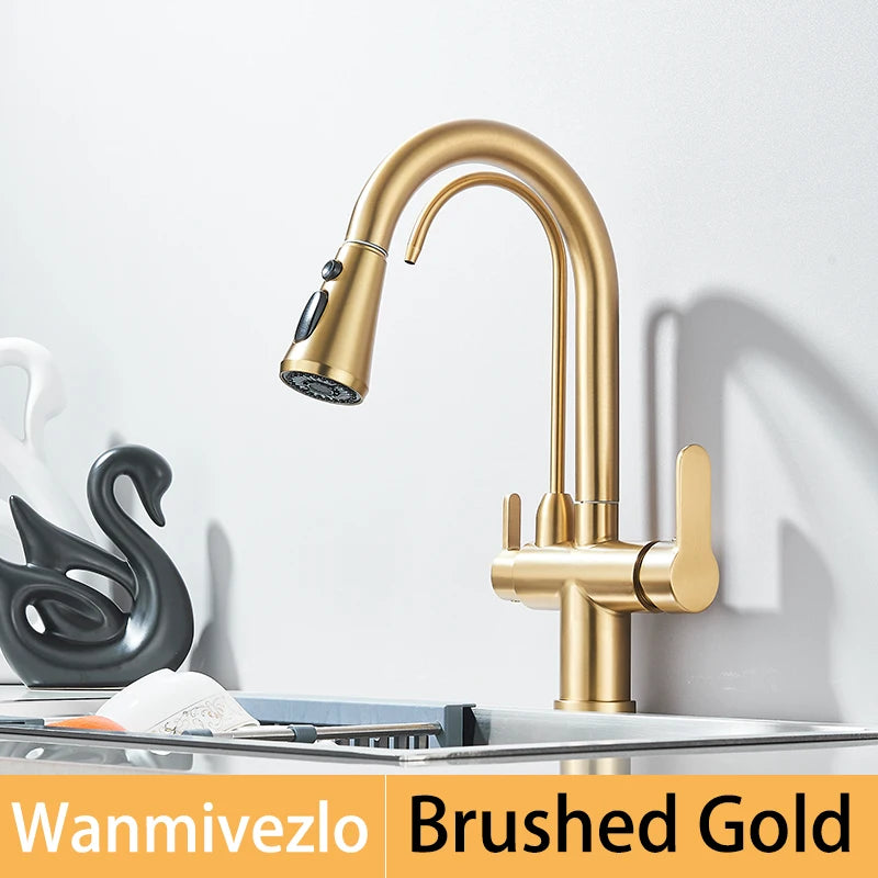 Purify Water Kitchen Faucet Deck Mounted Dual Handle Faucet Purification Kitchen Sink Faucet 2 Swivel Spout Water Mixer Tap