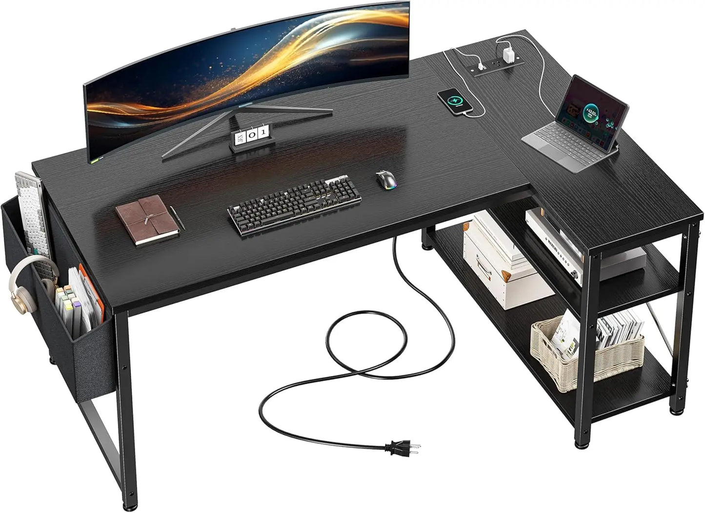EnHomee 40" White L Shaped Corner Desk with Storage Shelves Side Bag Power Outlets Small Computer Study Writing Table Home Offic