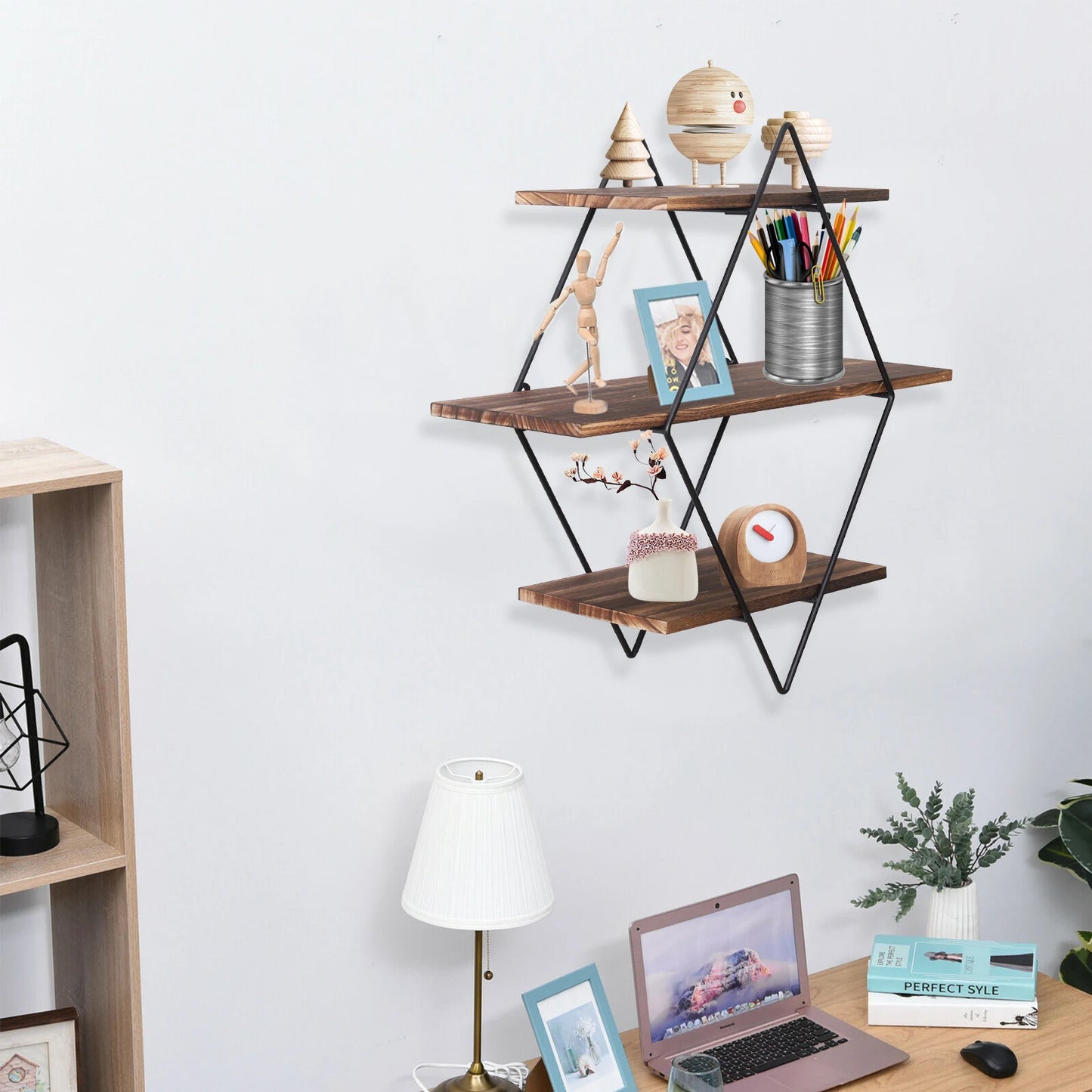 3 Tier Industrial Geometry Wood Floating Shelf Heavy Duty Hanging Wall Mounted Unit
