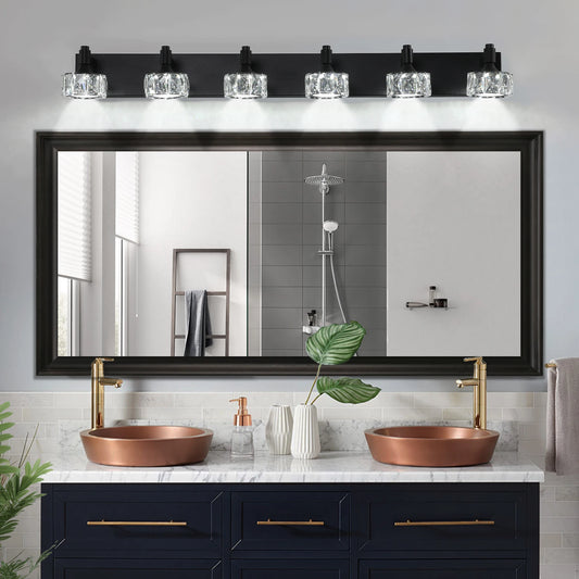 LED Vanity Light Modern 6-Light Matte Black Fixture with Crystal Glass Shades, Bathroom Wall Sconce for  Contemporary Home Decor
